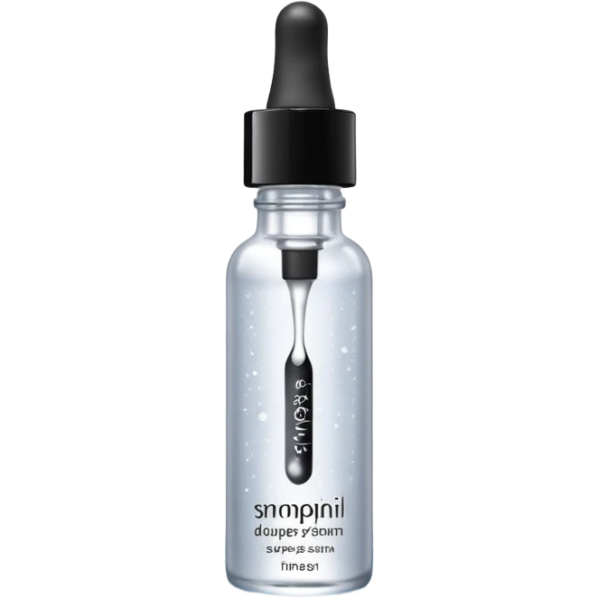 Slim clear dropper bottle with white cap and minimal black text label. Floating above a silver ripple, with icy shimmer rings pulsing outward. Surrounded by tiny frozen sparkles and wrinkle-smoothing energy beams. Looks like a precision anti-aging serum potion — sharp, cold, and potent. emoji