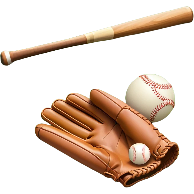 A baseball bat, ball, and glove placed on the grass of a baseball field, with the diamond and base lines clearly visible in the background. The scene captures the essence of the sport, with the equipment ready for action on the neatly marked field. emoji