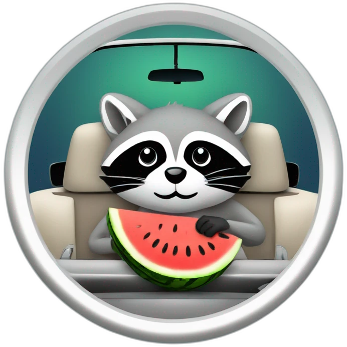 A raccoon with a watermelon behind the wheel of a car and a spanner emoji
