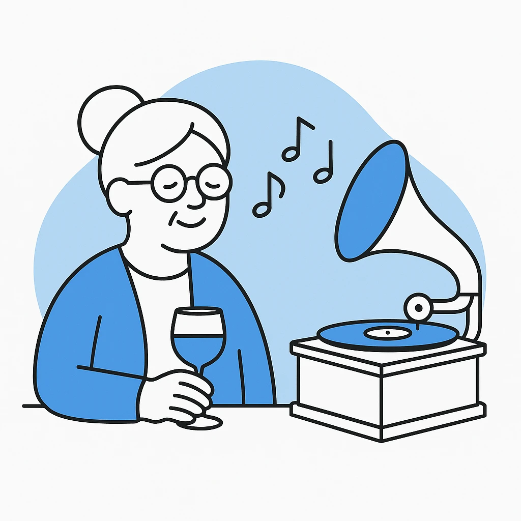 old lady with wineglass listening to gramophone emoji