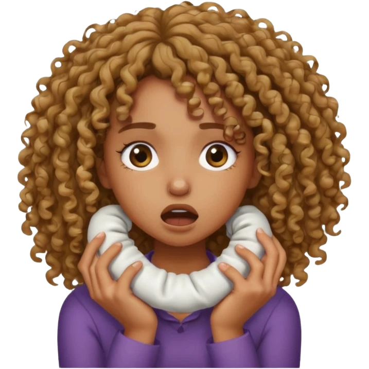 a kinda light brownskin girl with curly hair emoji strangling themselves / crashing out emoji