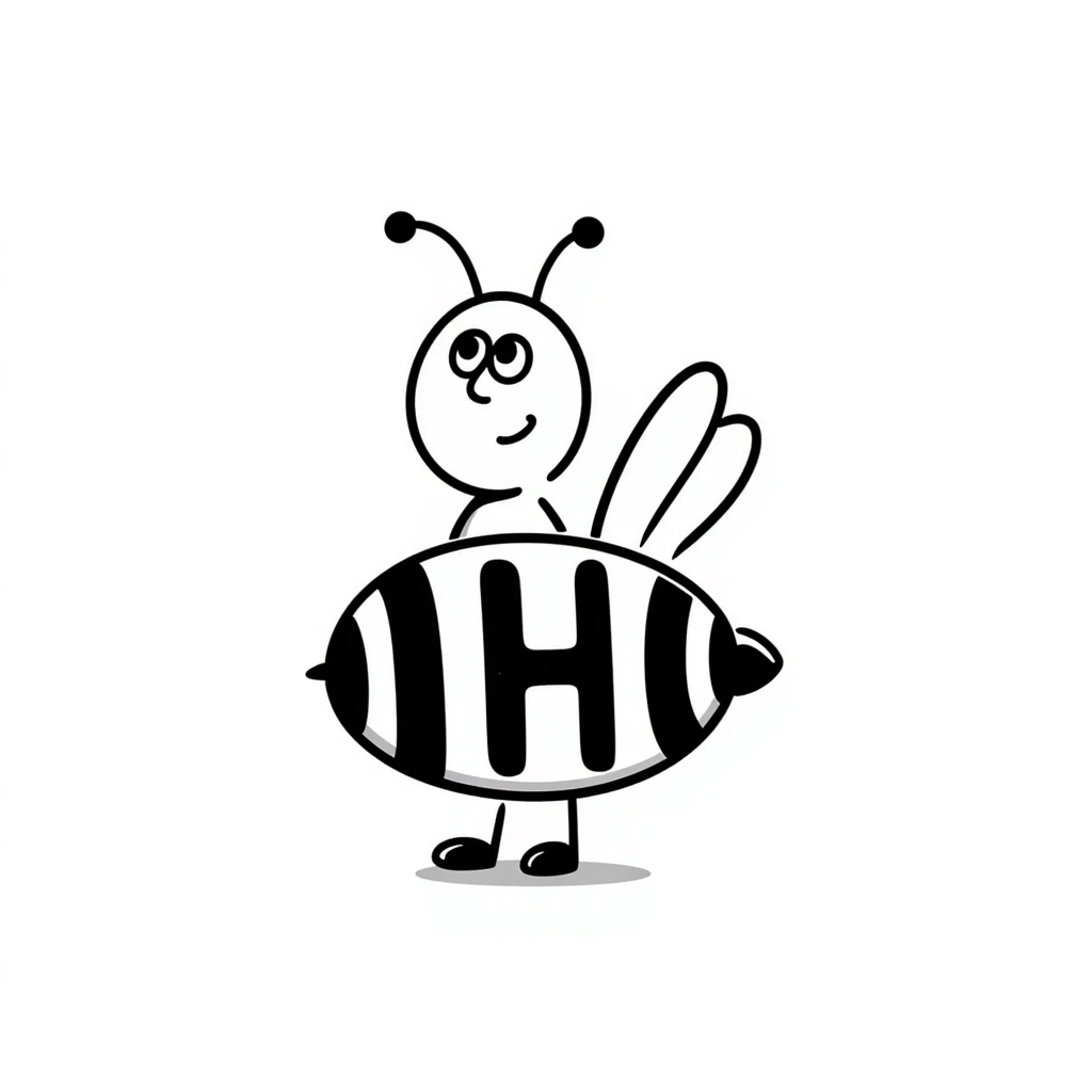 cartoonish honey bee with the letter H, playful expression emoji