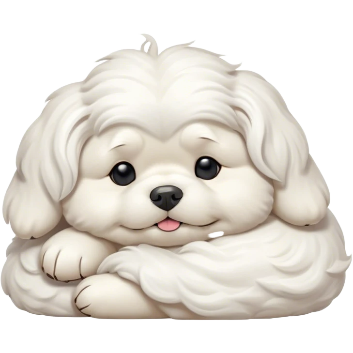 Cinematic Meme-Worthy Chubby Sleeping Wavy-Haired Maltese Dog Portrait Emoji, Head resting peacefully with a contented smile, featuring a delightfully chubby build and a luxuriously soft, wavy-haired white coat, eyes shut in a serene nap, Simplified yet hilariously adorable features, highly detailed, glowing with a soft, drowsy light, high shine, relaxed and utterly lovable, stylized with an air of playful laziness, bright and endearing, soft glowing outline, capturing the essence of a comically sleepy companion, so meme-worthy it feels like it could instantly become the next viral sensation of adorable slumber! emoji