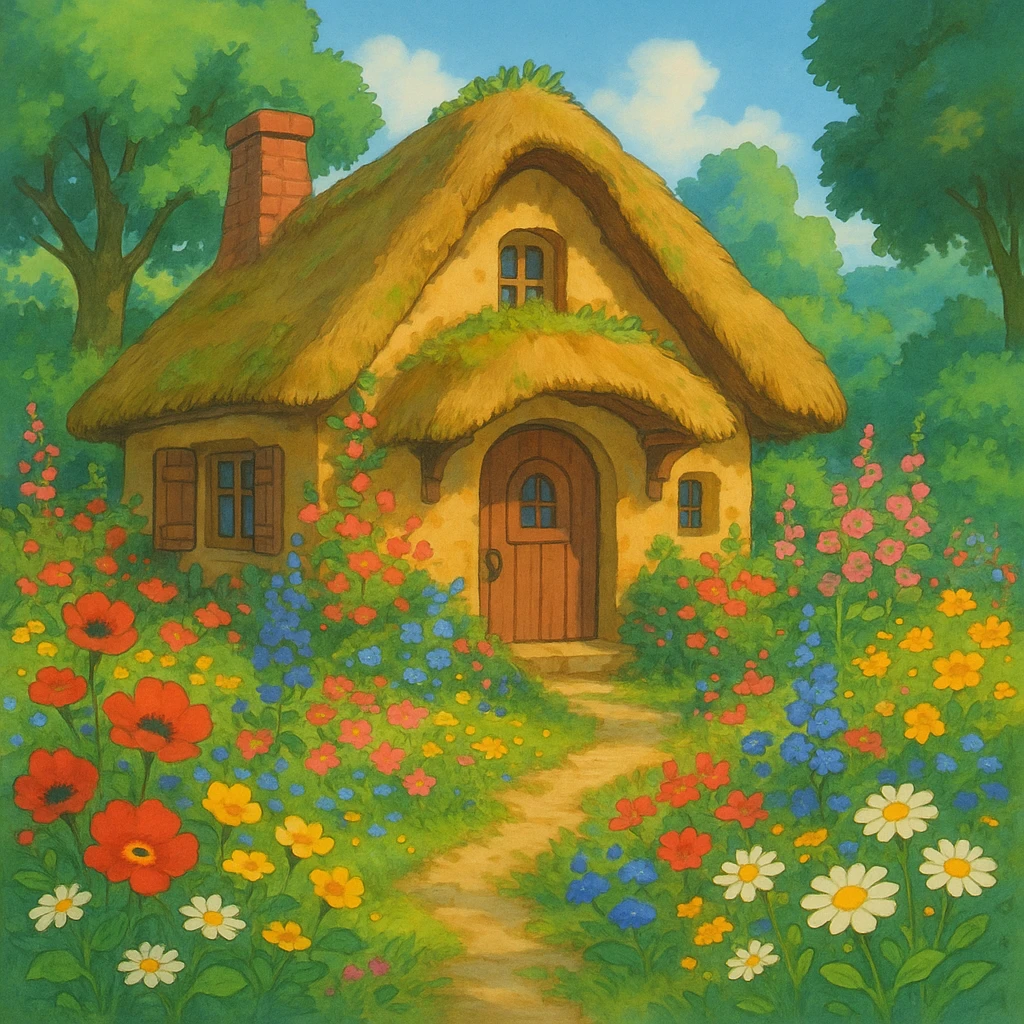 a small cottage with a thatched roof surrounded by flowers, ghibli style emoji
