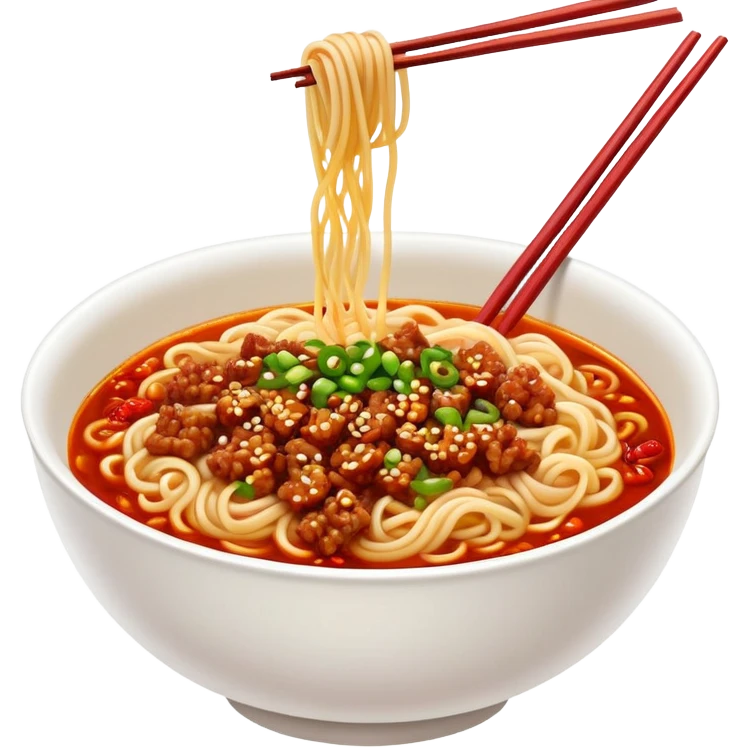 Sichuan Dan Dan Noodles with red chili oil and minced pork, simplified emoji style with bold outlines and bright colors, cartoon style spicy Chengdu street food emoji