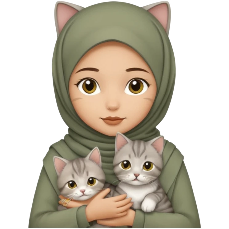 Olive tone hijabi girl holding grey tabby British shorthair, mum and kitten cat emoji