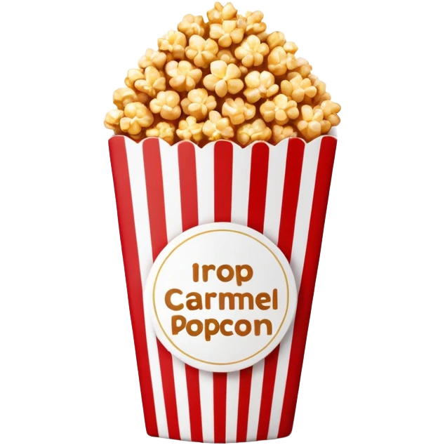 minimalist caramel popcorn in a red and white vertically striped package, golden brown caramel-covered popcorn, no text on package, only red and white stripes, glossy iOS emoji style emoji