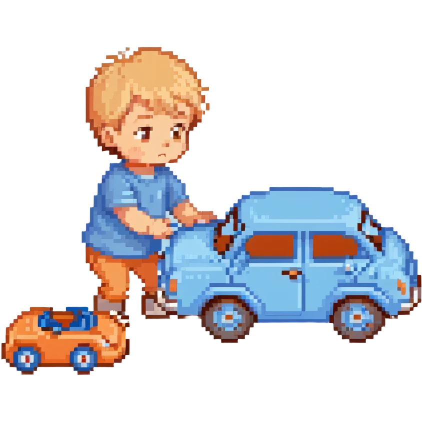cute toddler boy with pastel blue clothes playing with a blue toy car emoji