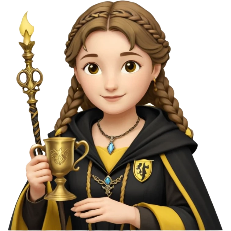 Helga Hufflepuff,the Hogwarts founder of Hufflepuff,brown-haired,2braids,yellow-black medieval dress with black cloak decorated with gold braiding,flickering magic wand and tiny two-handled shiny gold cup engraved with the badger silhouette,very kind smile,curvy busty sweet emoji