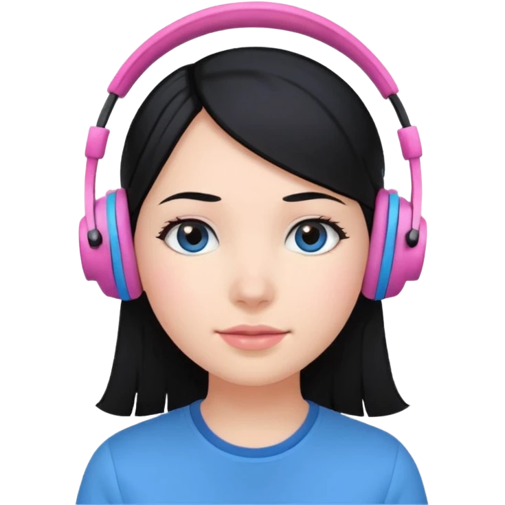 girl with black  hair, blue shirt and pink headset emoji