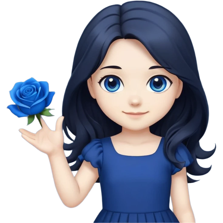 chibi girl with long dark hair, blue rose in hair, blue eyes, black dress, friendly smile, waving emoji