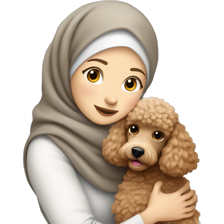 pretty white skin woman with gray hijab hugging a light brown poodle emoji