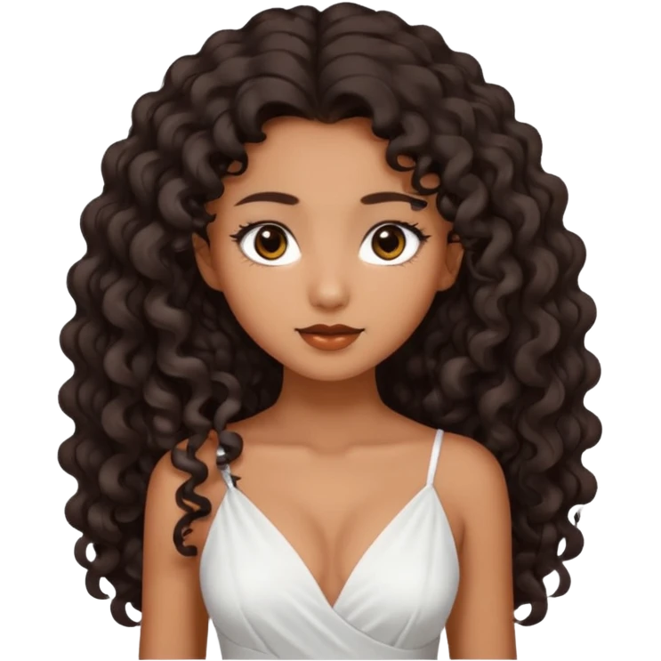 Dark tanned skin girl with very dark brown very long curly hair, very dark Asian eyes, white dress at neckline  emoji