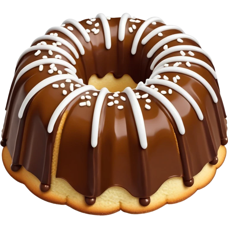 vanilla bundt cake with chocolate frosting and white sprinkles emoji