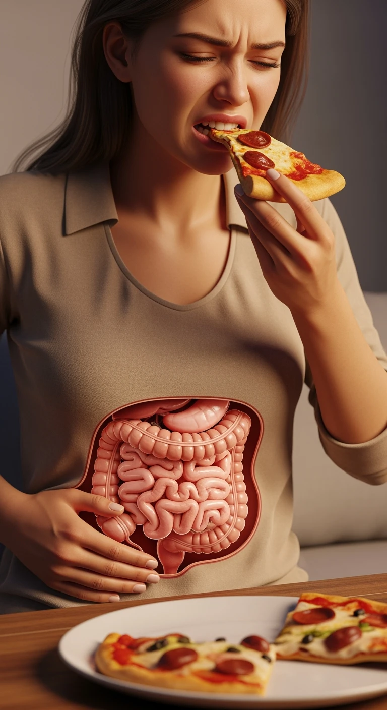 DONNA CON INTESTINO ANATOMICO REALISTICO IN EVIDENZA E MAL DI PANCIA MENTRE MANGIA UNA FETTA DI PIZZA, iperrealistici 4k, non disegnati emoji