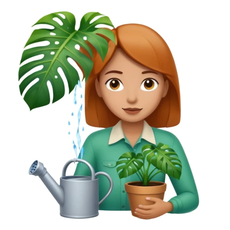 woman watering her monstera plant emoji