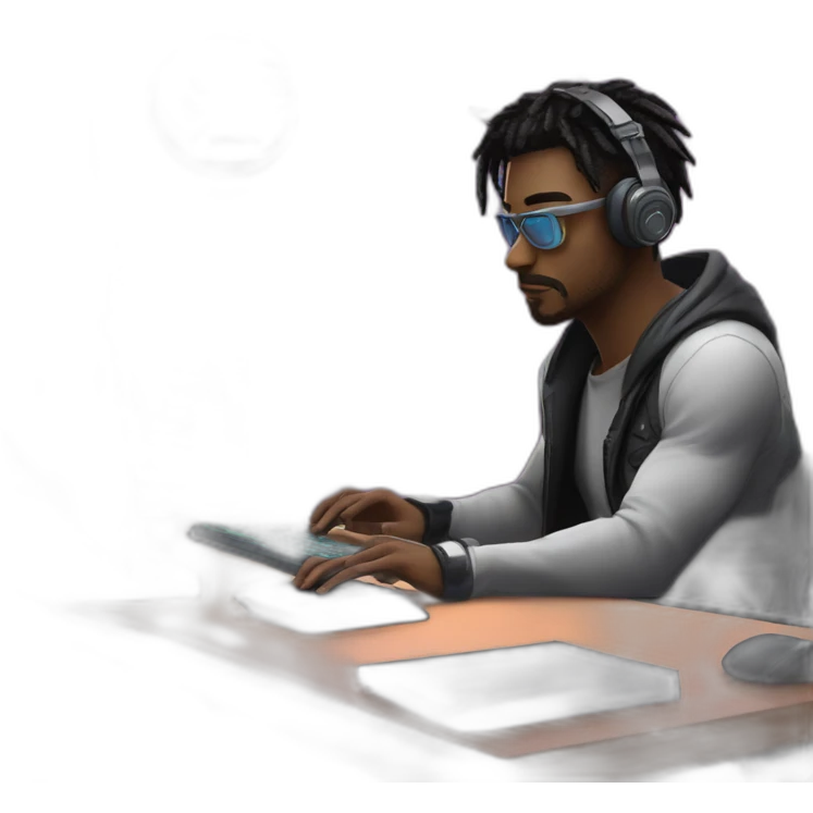 a male is coding at his cyberpunk room, there is a code at his monitor emoji