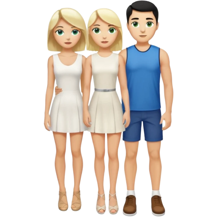 King, black hair, body, legst, blue eyes, shoes, woman blonde hair, green eyes, sexy white short sleveless dress, shoes emoji