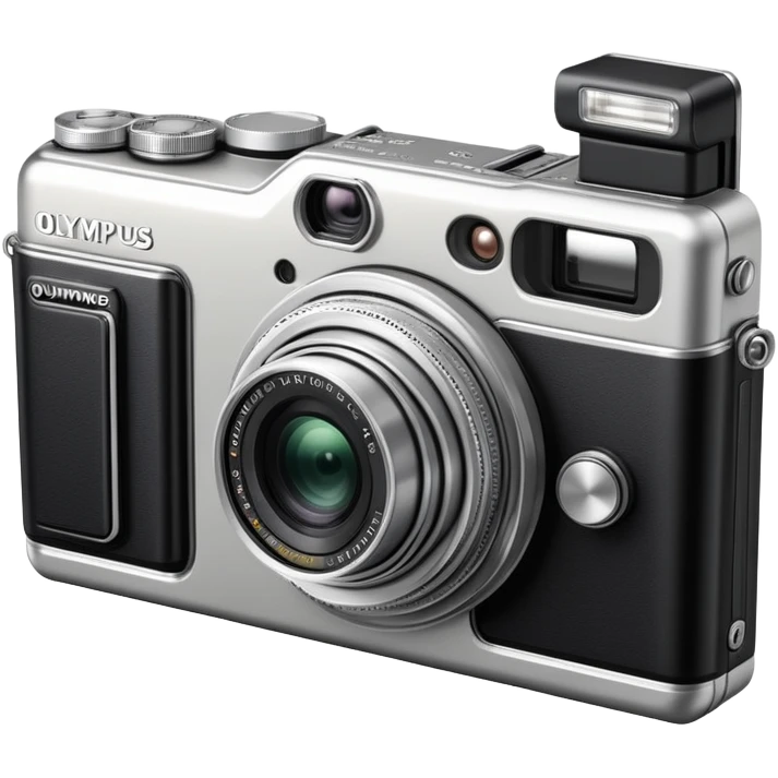 Olympus Superzoom 70G camera, vintage compact point and shoot camera with extendable lens, rectangular body, viewfinder, and flash emoji