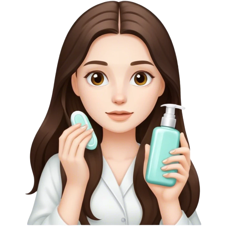 beautiful pale brunette girl with long hair doing skincare routine  emoji