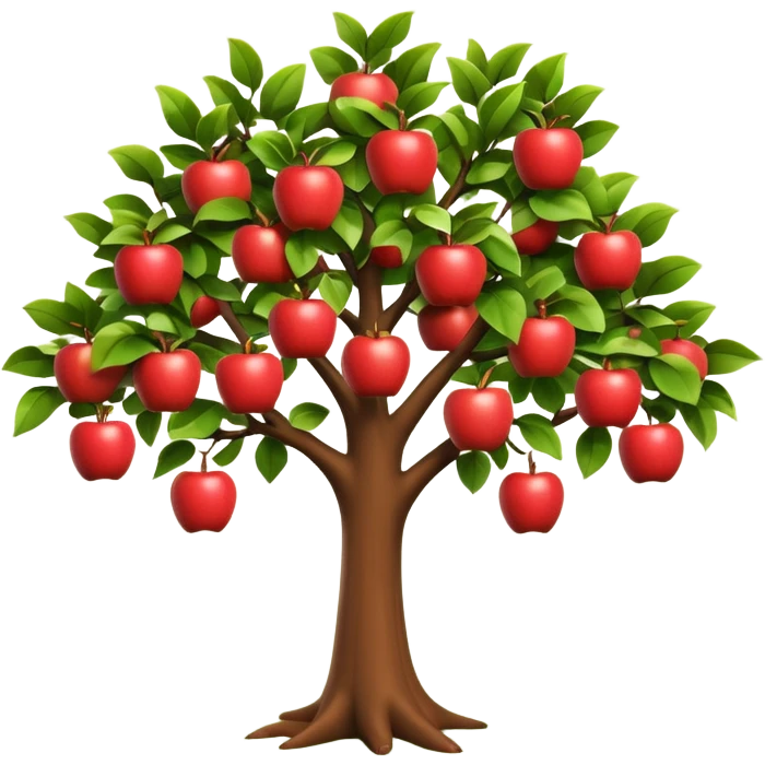 A 3D cartoon apple tree with red apples hanging from its branches, lush green leaves, bright daylight, Memoji-style realism. emoji
