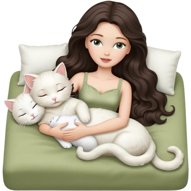 White Barbie girl dark brown long wavy hair sleeping with white kitty at pale olive bed emoji
