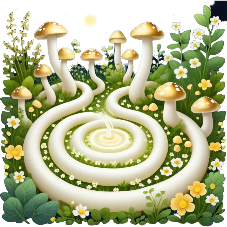 Glowing garden of probiotic foods: yogurt as white flowers, kefir as luminous mushrooms, and fermented vegetables as magical plants. Beneficial bacteria appear as tiny golden lights floating through the garden. The intestine forms a spiraling path surrounded by this magical ecosystem. emoji