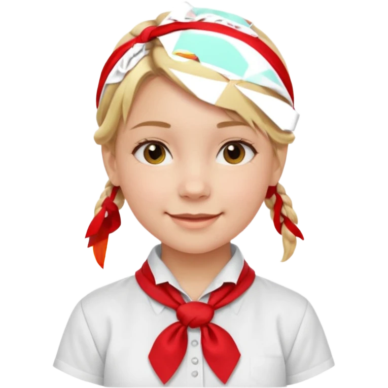 A Soviet pioneer girl emoji — smiling young girl with blonde hair tied into two short braids. She wears a white school shirt and a wide bright red pioneer neckerchief tied in a loose triangular knot at the chest (not a necktie) emoji