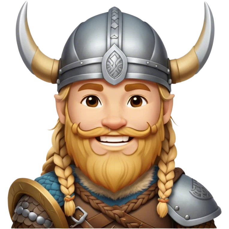 Clash of Clans aesthetic: Cinematic Cheerful Viking Portrait Emoji, With a bright, confident smile and a relaxed, adventurous stance, showcasing a stylized, spirited build with a classic Viking helmet and braided hair, his natural skin tone lending authenticity, Simplified yet expressive features, highly detailed, glowing with a soft, golden Nordic radiance, high shine, upbeat and courageous, stylized with an air of classic Viking heroism, soft glowing outline, capturing the essence of a cheerful Viking ready to embark on legendary quests! emoji