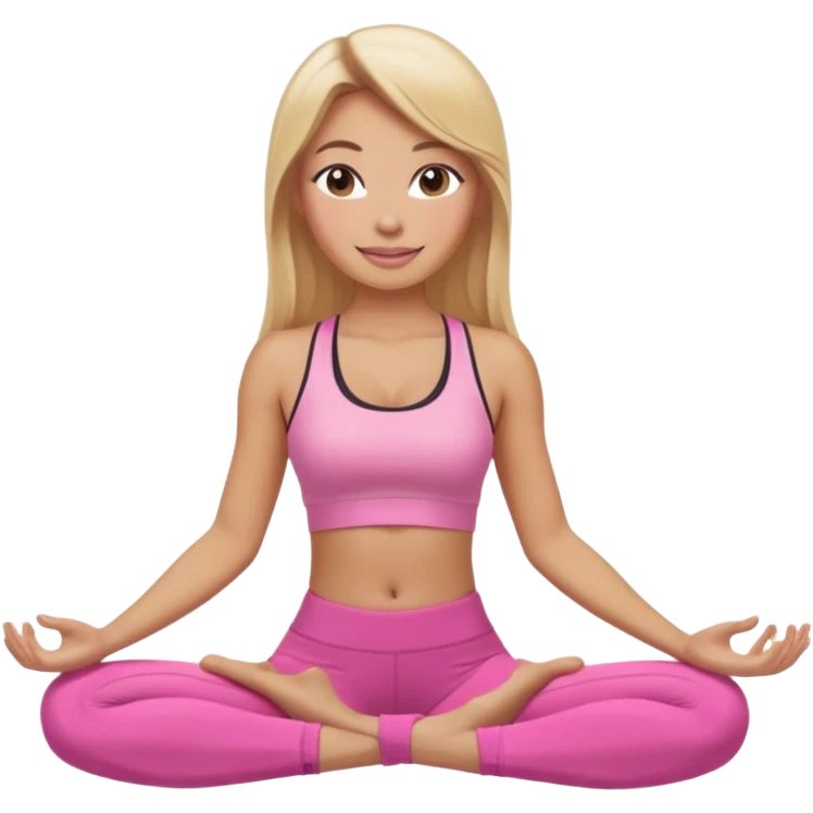 Mujer color de piel moreno claro con cabello rubio suelto y lacio y largo, que tenga gloss en los labios y se vea usando Blush rosita, usando un top rosa deportivo y leggins deportivo rosa en una pose de yoga sentada, viendo hacia enfrente con ojos negros y sonriendo sin mostrar los dientes emoji
