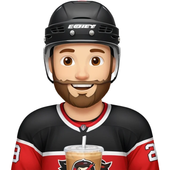 hockey player with a beard with iced coffee in red and black jersey wearing a hockey helmet smiling missing teeth  emoji