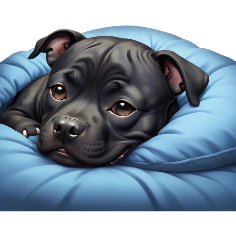 Meme-Worthy Cute Sleeping Black/Brindle Staffordshire Bull Terrier Portrait Emoji, Head resting peacefully with a contented smile, showcasing a delightfully compact build and a luxuriously soft Fur with an attractive black and brindle blend, eyes shut in a serene nap, Simplified yet hilariously adorable features, highly detailed, glowing with a soft, drowsy light, high shine, relaxed and utterly lovable, stylized with an air of playful laziness, bright and heartwarming, soft glowing outline, capturing the essence of a comically sleepy guardian, so meme-worthy it feels like it could instantly become the next viral sensation of adorable slumber! emoji