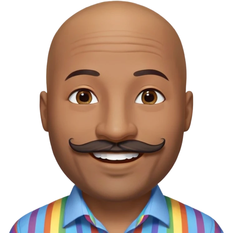 Oxumarê as a very happy and spontaneous smiling 37-year-old bald man with very dark skin, smooth oval head, indigenous facial features, mustache with circular beard only on chin, a round mole on the right side below the lip, wearing a blue striped dress shirt, with rainbow serpent, Memoji style emoji