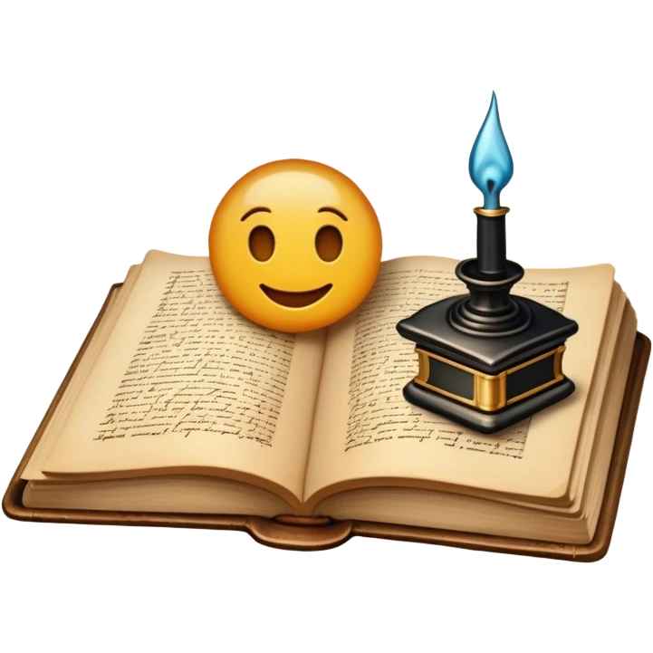 Create a vibrant emoji representing prose writing with an old-style, antique look. The design should include semi-turned pages of an old book with unfinished prose written on them. Add a vintage ink inkwell and a classic fountain pen or quill with black ink. The overall style should evoke a sense of timeless storytelling and literary craftsmanship. Make the background transparent. emoji