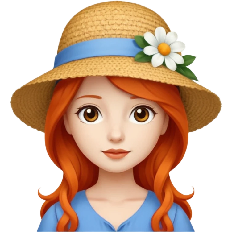 girl_wearing_summer_hat, white flower on hat, red orrange long hair, blue dress emoji