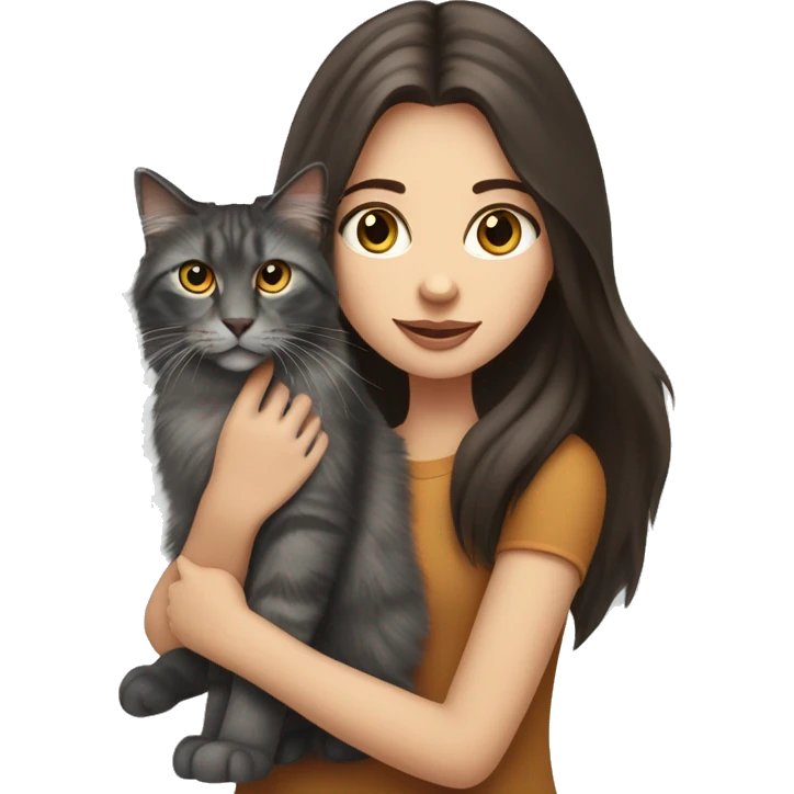 long straight haired blue eyed brunette woman holding norwegian forest cat with amber eyes emoji