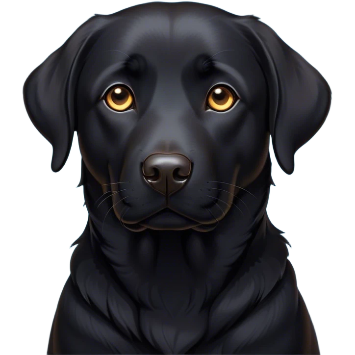 Cinematic Noble Black Labrador Portrait Emoji, Poised and regal, with a robust, muscular build and a sleek, shiny pure black Fur, deep-set soulful brown eyes, Simplified yet sharp and sophisticated features, highly detailed, glowing with a soft, dignified glow, high shine, intelligent and gentle, stylized with an air of confidence, focused and attentive, soft glowing outline, capturing the essence of a watchful and loving companion, so majestic it feels as though it could bound out of the screen with effortless authority! emoji