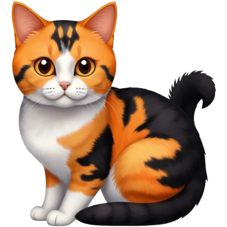 American shorthair calico cat with black fur on the right side of their face and orange on the left side sitting down emoji