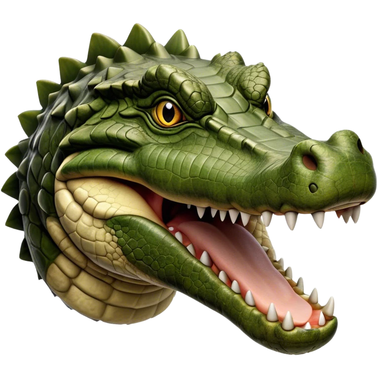 Cinematic Realistic Noble Crocodile Portrait Emoji, Poised and formidable, with a massive, muscular build and a rugged, intricately textured scaly hide in deep olive-green with natural camouflaged patterns, a powerful, fearsome jaw and piercing, ancient eyes rendered in lifelike detail, high shine, intelligent and imposing, styled with an air of primal authority, focused and attentive, soft glowing outline, capturing the essence of a watchful and confident crocodile that appears ready to surge out of the screen with effortless power! emoji