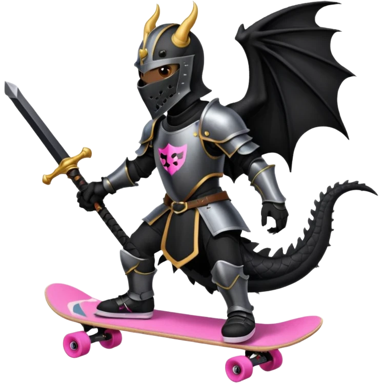 zwarte ridder met een zwarte zwaart en een zwarte schild met een zwarte draak op en hij skate met een roze skatebord en hij  zit tegen een draak te vechten emoji