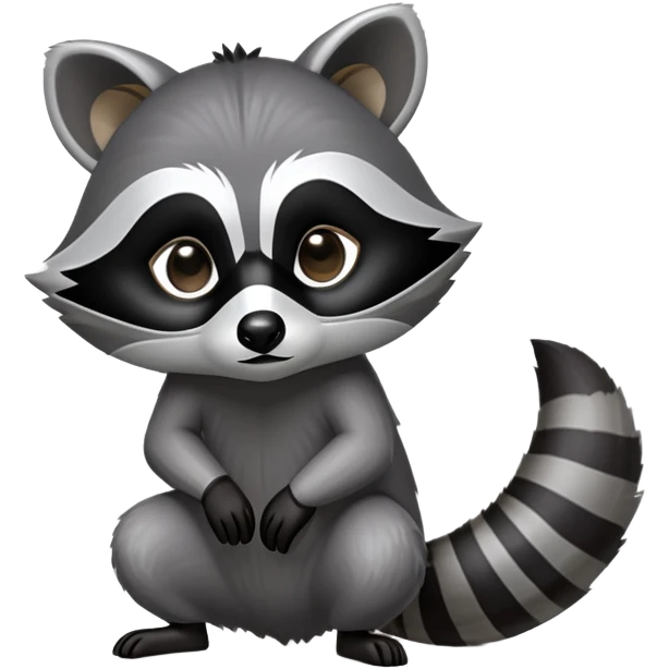Cinematic-Raccoon-Realistic-hunched Full-Body on all fours-Emoji – Tail flicking lazily, head tilted dramatically, thick grey fur with a signature black mask, sharp and alert ears, simplified yet realistic focused features, highly detailed, glowing with an almost sarcastic glow. emoji