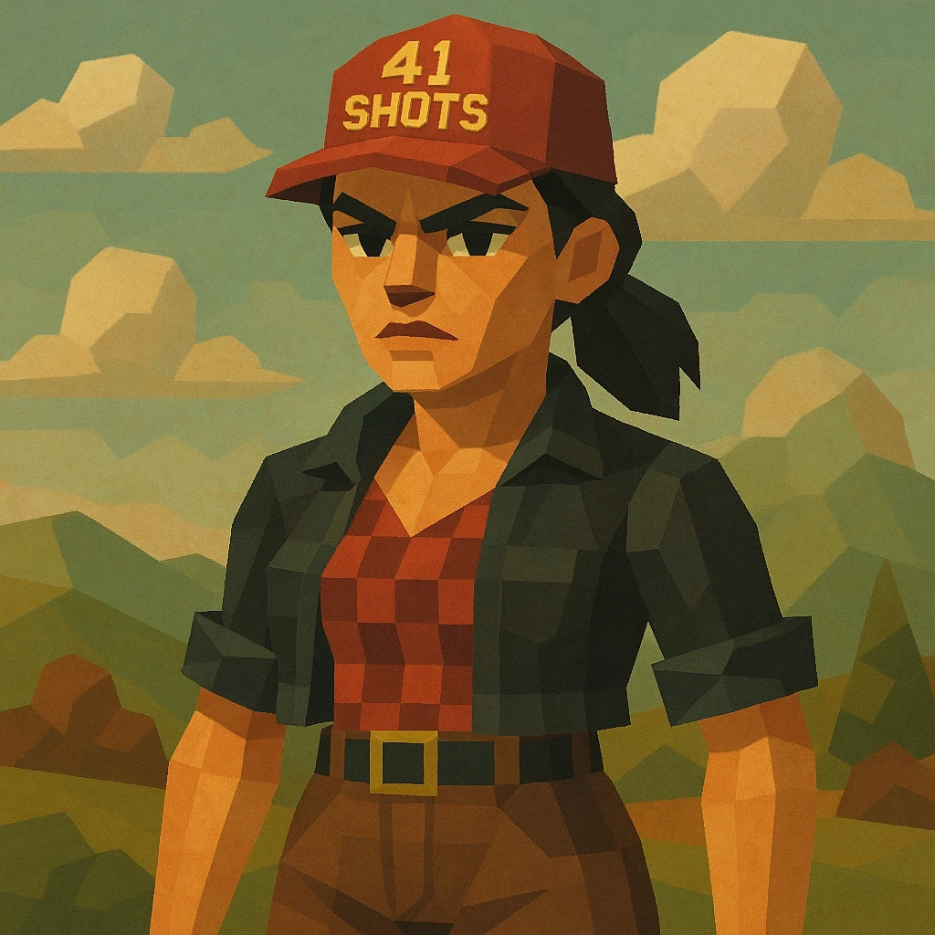 female figure in low-poly style inspired by 'Motor Town: Behind the Wheel', serious confident expression, prominent eyebrows, angular facial features, red cap with '41 SHOTS' logo and target sight, black hair in ponytail, black cropped jacket with rolled-up sleeves, red-black checkered shirt, high-waisted pants with black belt, background of soft stylized low-poly hills and clouds, earthy color palette focusing on red and muted green tones, expression determined, energetic, slightly rebellious emoji