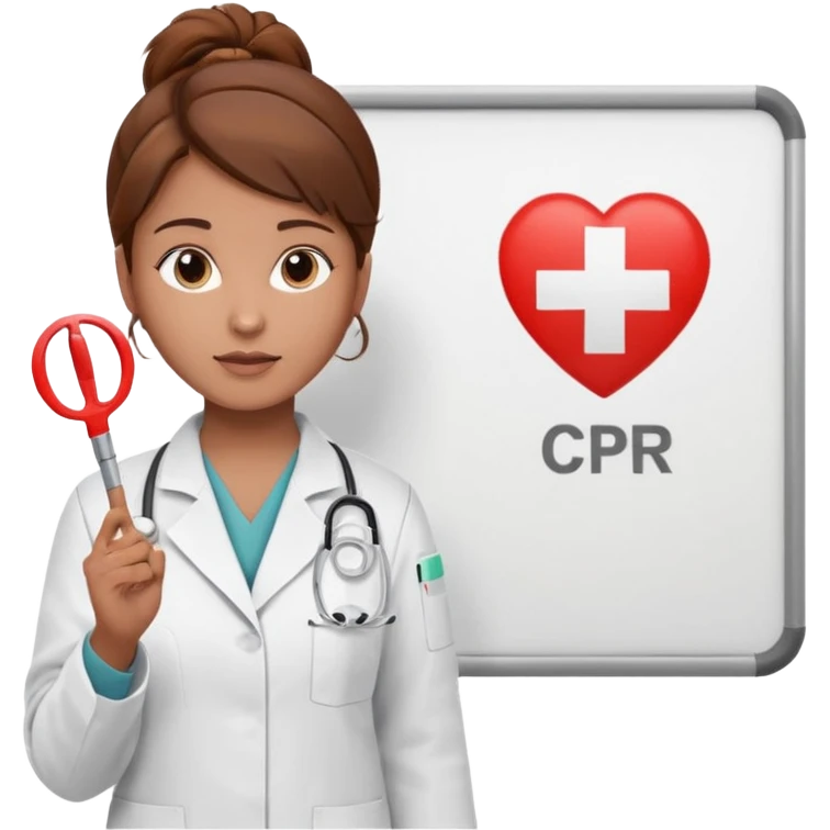 Teacher, female, brown hair up, holding a pointer to a white board with a CPR logo. emoji