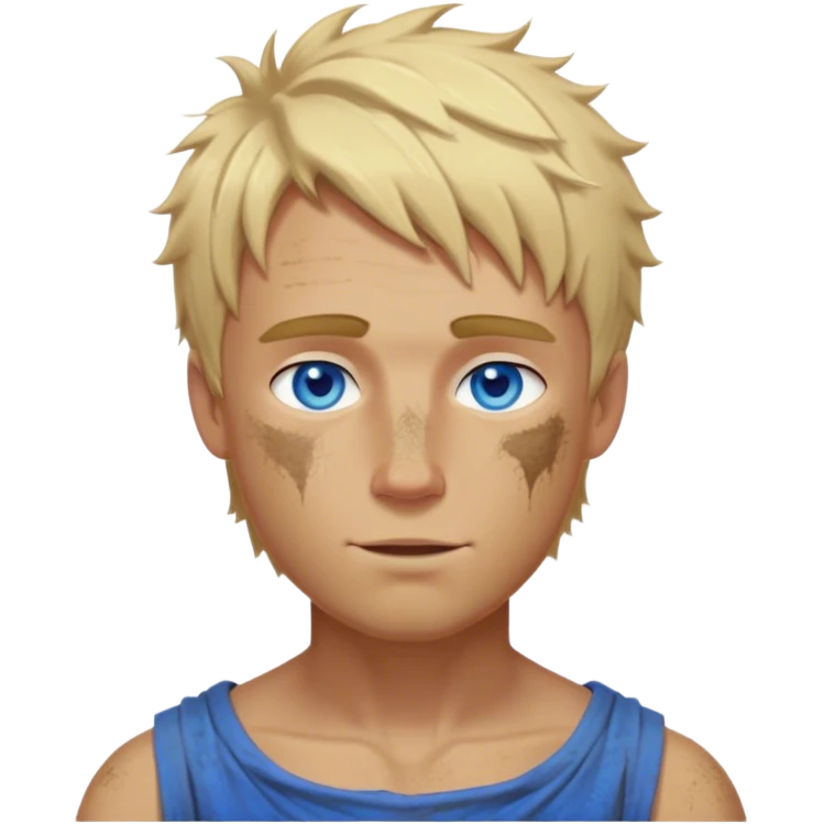 medieval summer look worn by a DnD themed fantasy character. bare upper body with a sun-kissed tan and some dirt marks. The character's haven't arms. character is blonde hair, blue eyes, short messy hair, white-skinned man. emoji