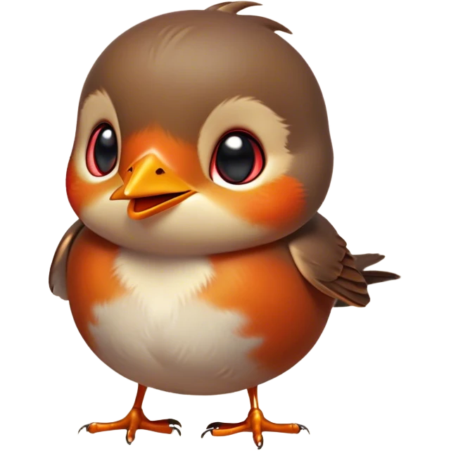 Cinematic Cute Robin Portrait Emoji, Head tilted playfully and inquisitively, featuring a charming, petite form with a vibrant red breast, round, sparkling eyes full of gentle mischief, and a delicate, beak-like smile, Simplified yet irresistibly adorable features, highly detailed, glowing with a warm, inviting glow, high shine, affectionate and lively, stylized with a touch of whimsical woodland charm, soft glowing outline, capturing the essence of a mischievous yet endearing robin that seems as if it could sing out of the screen into your heart! emoji