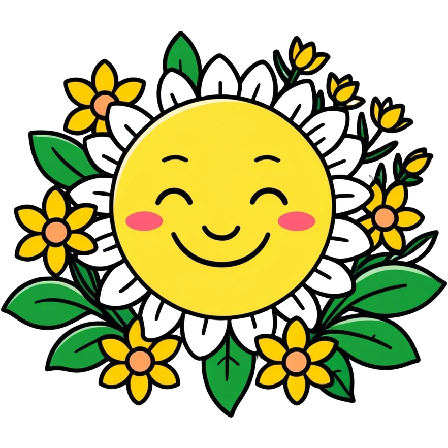 Spring flowers in garden with sun with inscription Good morning  emoji