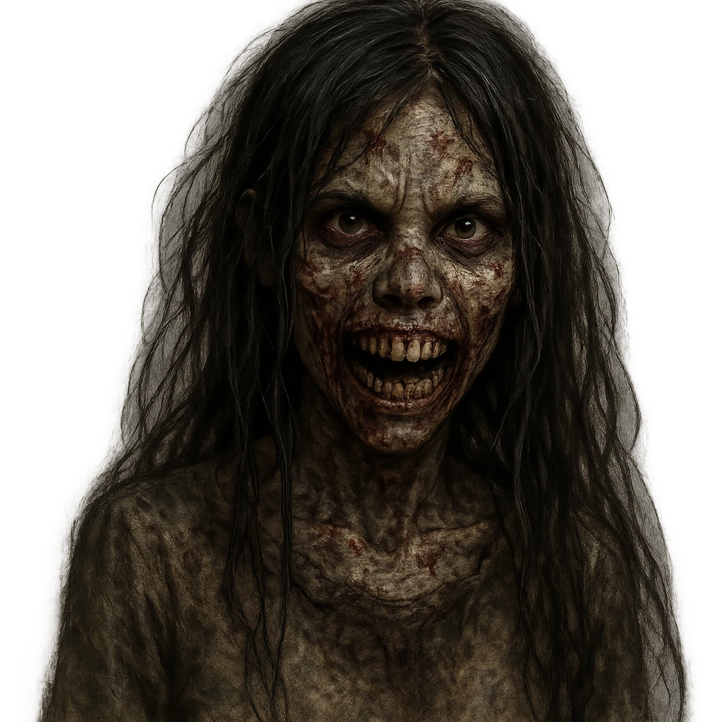 girl zombie, black long hair, showing teeth, variation, detailed and eerie emoji