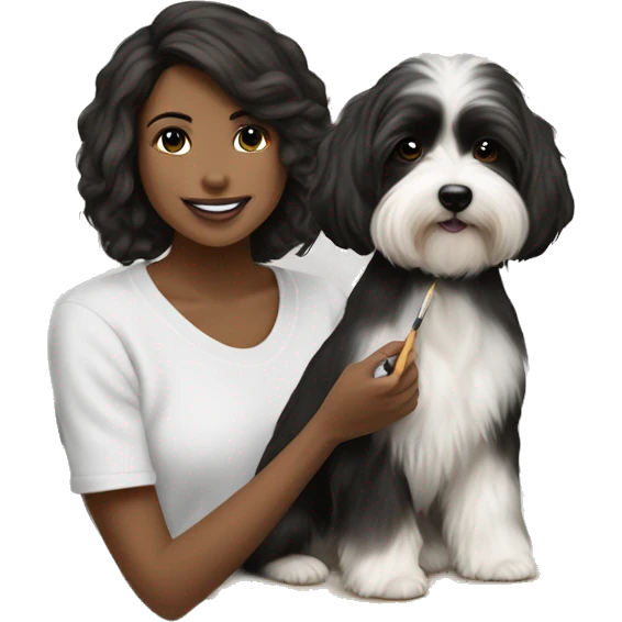 tan female artist painting black+white havanese on canvas emoji