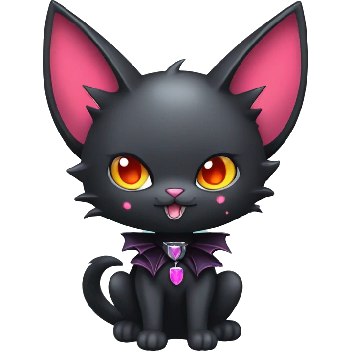  cool edgy kawaii dark-punk-themed animal vampiric cat-hybrid Fakemon with fangs and bat-wing-ears with a collar full body emoji