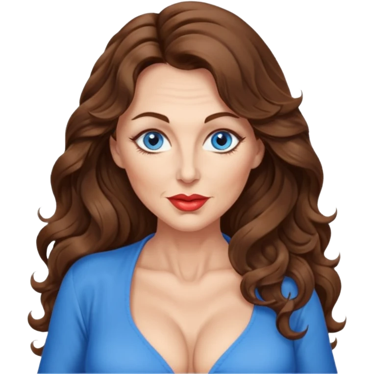 Extra Long wavy hair, brown hair, blue eyes Caucasian, age 50, sexy clothes boobies, kissing face emoji